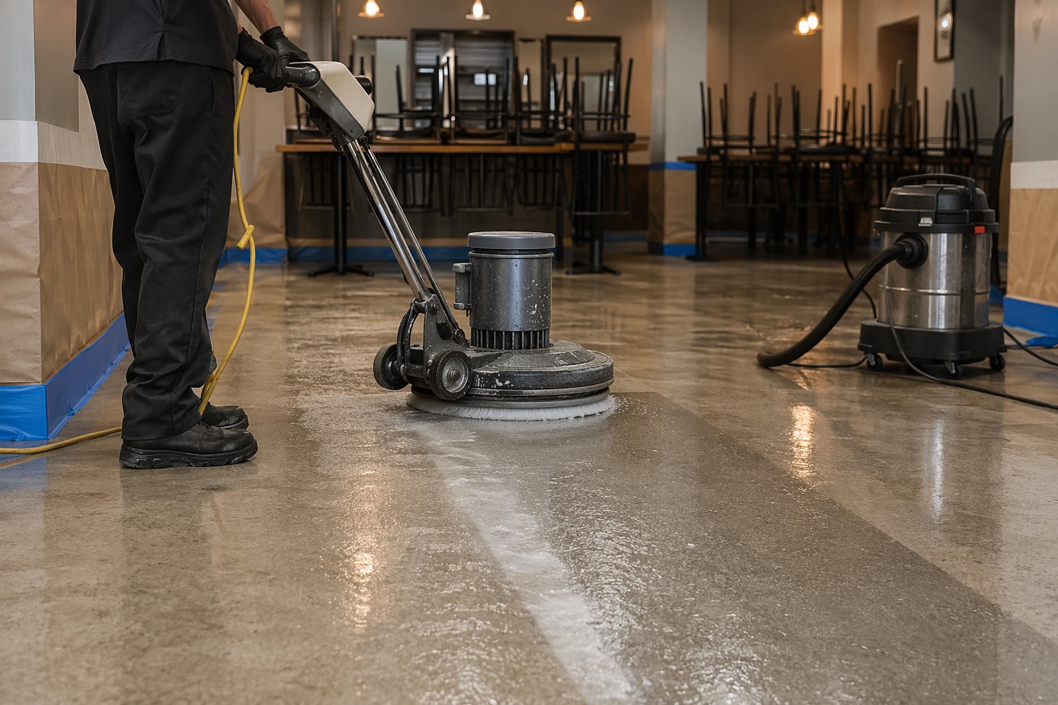 飲食店の床の古いワックスを剥離する作業写真